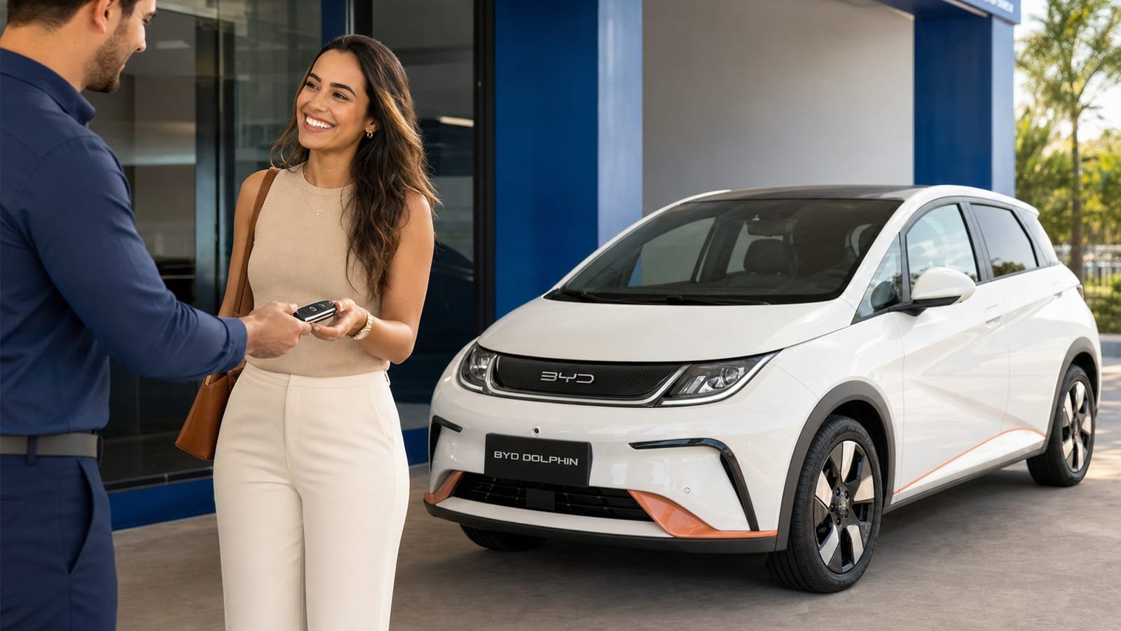 Cliente recebendo a chave ao lado de um BYD Dolphin branco